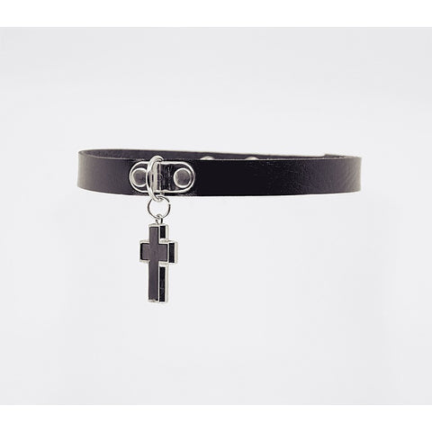 Love In Leather Cross Pendant Faux Leather Choke - Collars and Leads