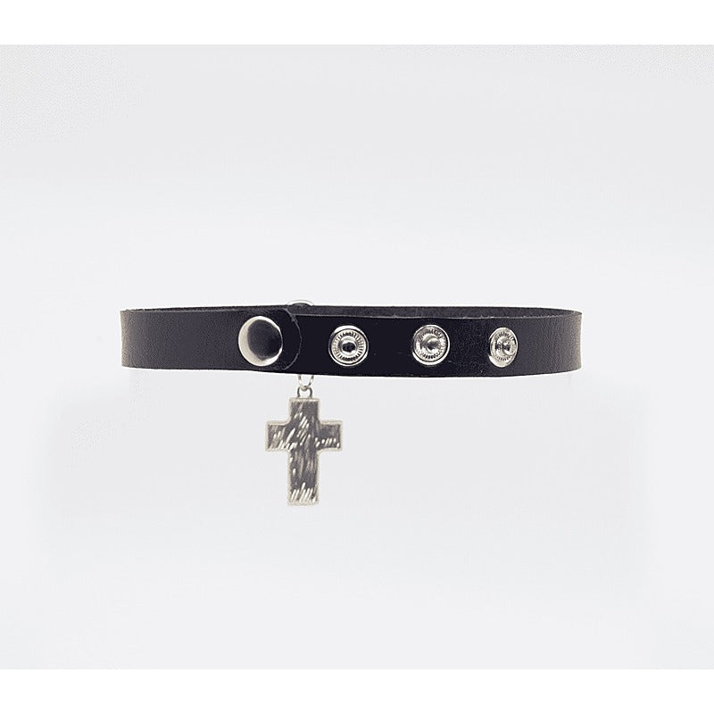 Love In Leather Cross Pendant Faux Leather Choke - Collars and Leads