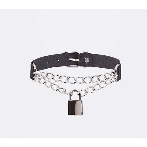 Love In Leather Chain Padlock Faux Leather Choker - Collars and Leads