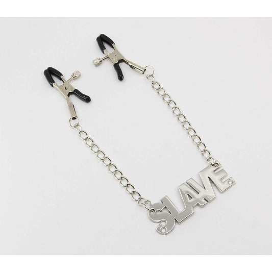 Love In Leather SLAVE Words Womens Nipple Clamps - Nipple and Clit Clamps