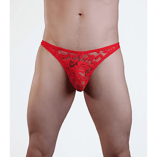 Love In Leather Mens Full Lace Sexy G-String Red