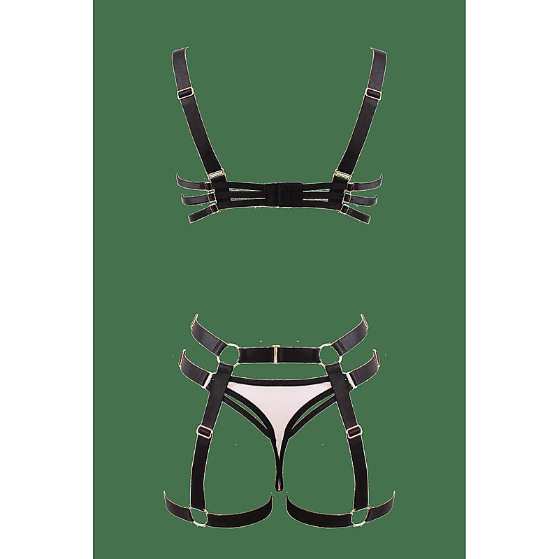 Bra And Panty Set With Elastic Leg Garter Belt By Muse - Her Fetish