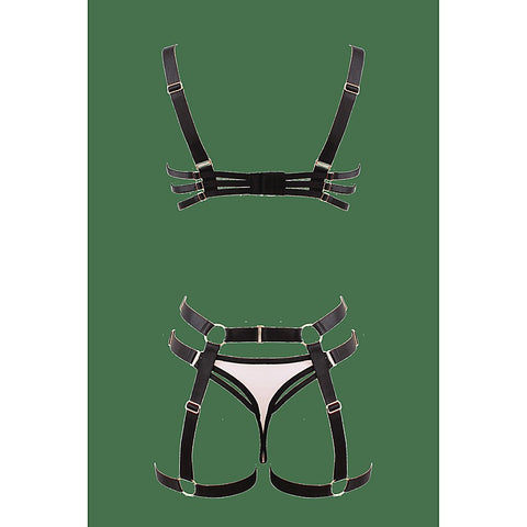 Bra And Panty Set With Elastic Leg Garter Belt By Muse - Her Fetish