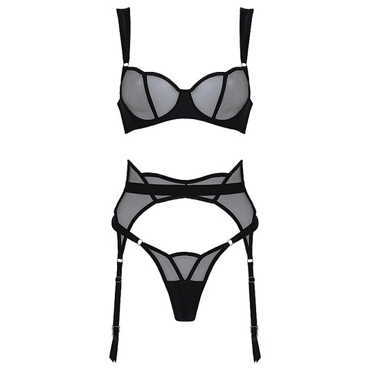 Muse 3-Piece Sheer Mesh And Satin BDSM Lingerie Black - Her Fetish
