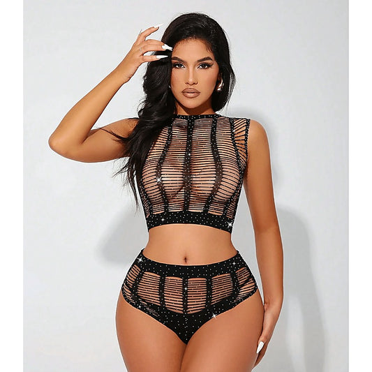 Rhinestone Two Piece Set By Love In Leather - Body Stockings