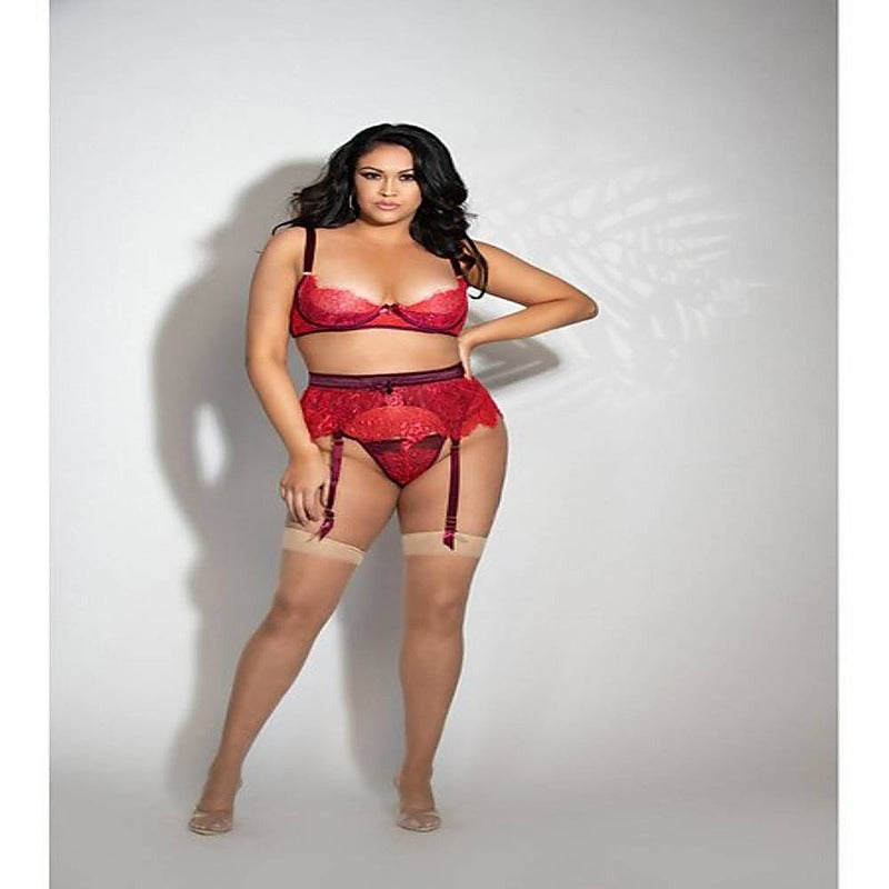 Three Piece Eyelash Lace Bra Garter Skirt And G-String Set - Bras and Bra Sets