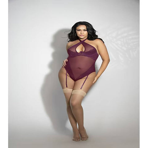 Seven Til Midnight Lace And Mesh Teddy With Removable Shoulder Straps And Thong Back 3X/4X - Teddies and Bodysuits