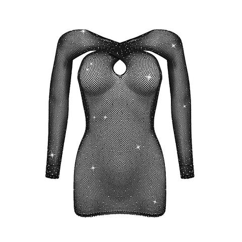 Long Sleeve Womens Rhinestone Dress By Love In Leather - Body Stockings