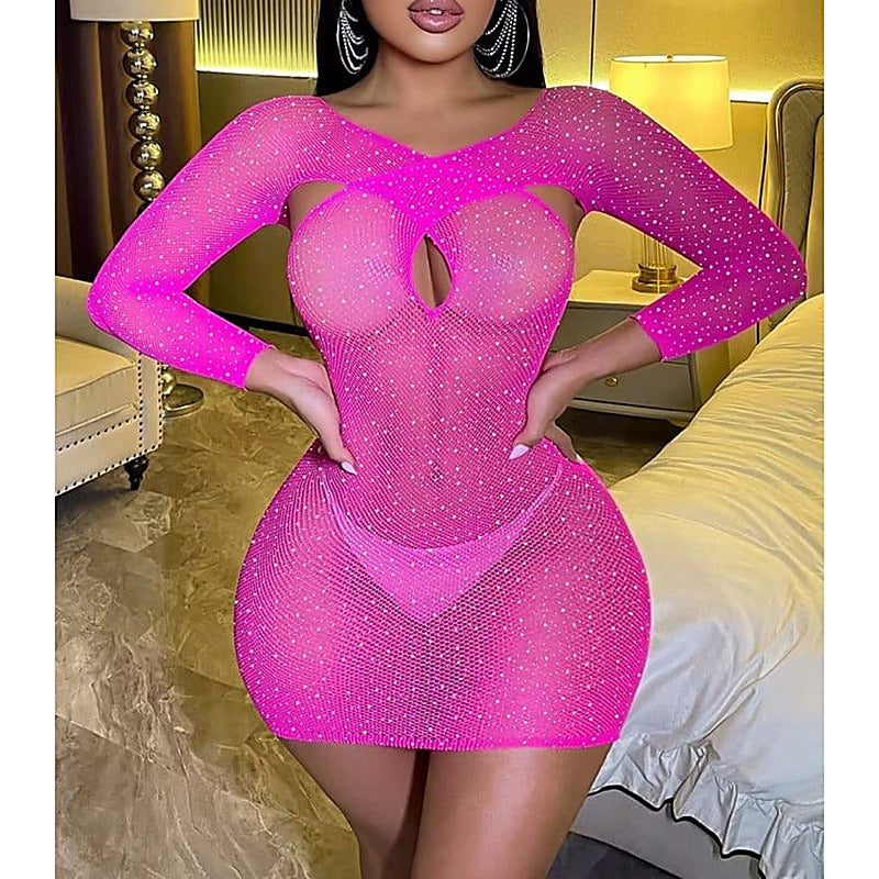 Long Sleeve Womens Rhinestone Dress By Love In Leather - Body Stockings