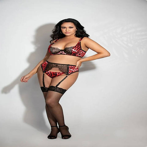 Three Piece Leopard Print Satin And Lace Bra Garter Belt - Bras and Bra Sets
