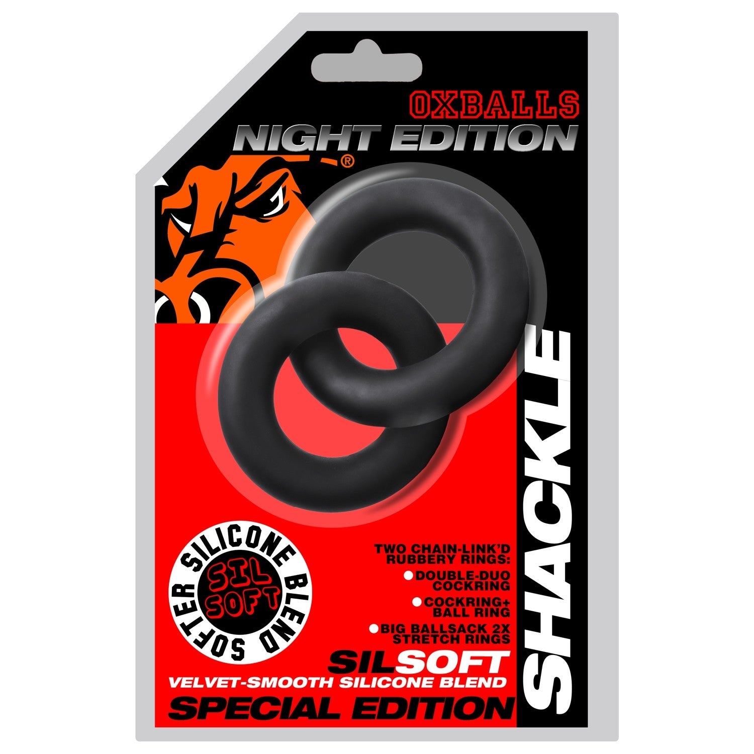 Oxballs Shackle Double LInked Silicone Cock and Ball Ring - Black - Stretchy Cock Rings