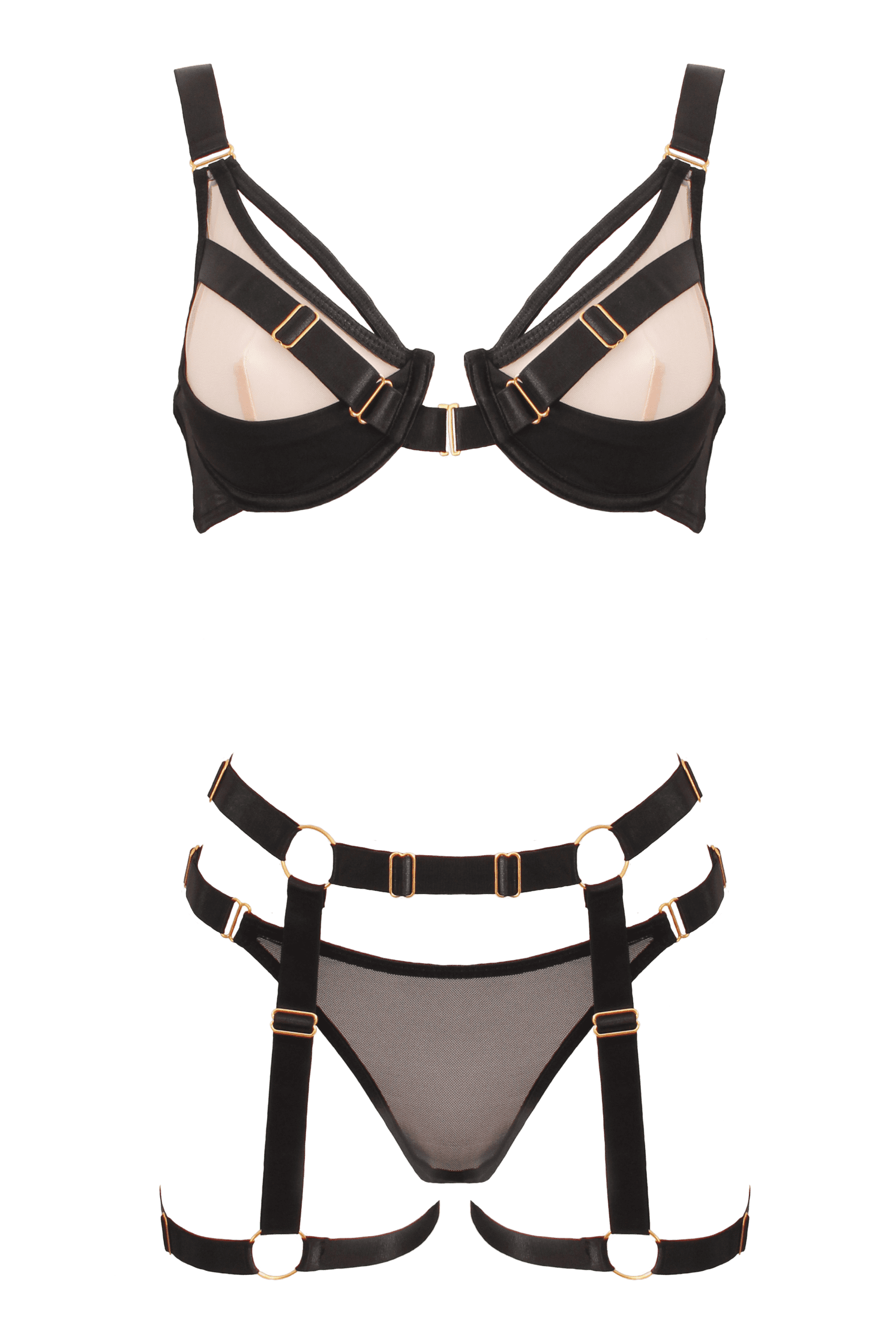 Muse Bra and Panty Set With Elastic Leg Garter Belt - Black Large - Her Fetish
