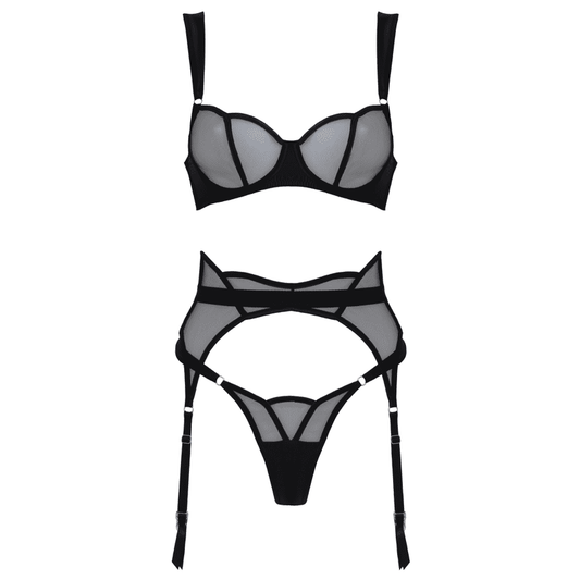 Muse 3-Piece Sheer Mesh And Satin BDSM Lingerie Black - Her Fetish