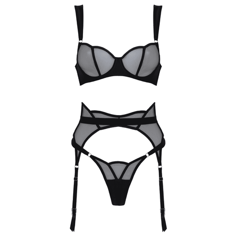 Muse 3-Piece Sheer Mesh And Satin BDSM Lingerie Black - Her Fetish