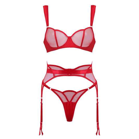 Muse 3-Piece Sheer Mesh BDSM Lingerie Set Red - Her Fetish