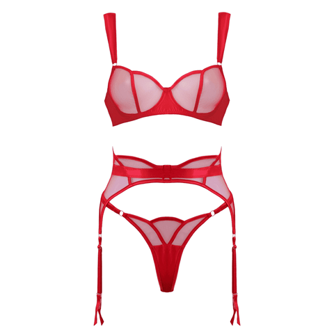 Muse 3-Piece Sheer Mesh BDSM Lingerie Set Red - Her Fetish