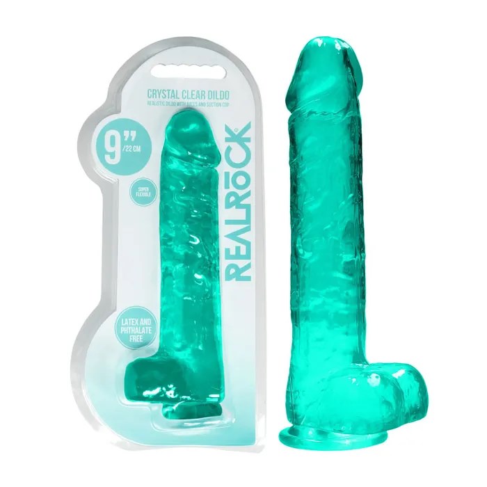Realrock Crystal Clear Dildo with Balls 9 inch - Turquoise - Luxury Sex Toys