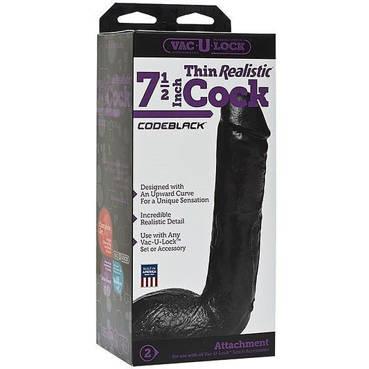 Vac-U-Lock Code Black Thin 7.5 Inch Realistic Cock - Strap On Sextoys