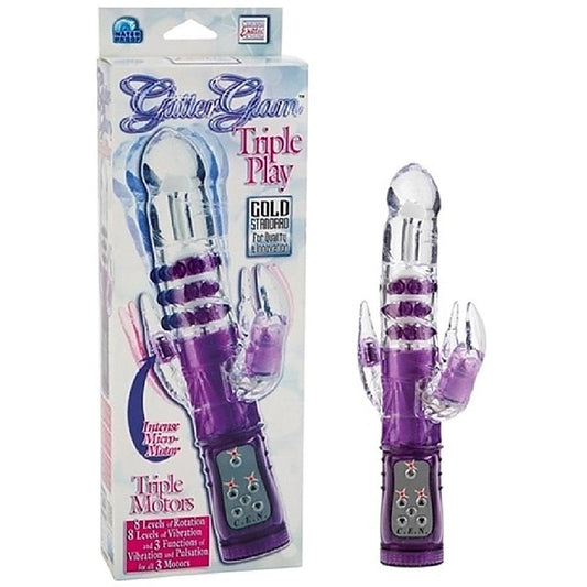 CalExotics Glitter Glam Triple Play Rabbit Vibrator - Clit Ticklers and Pulsators