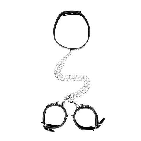 OUCH! BW Bonded Leather Collar With Hand Cuffs - Cuffs and Restraints