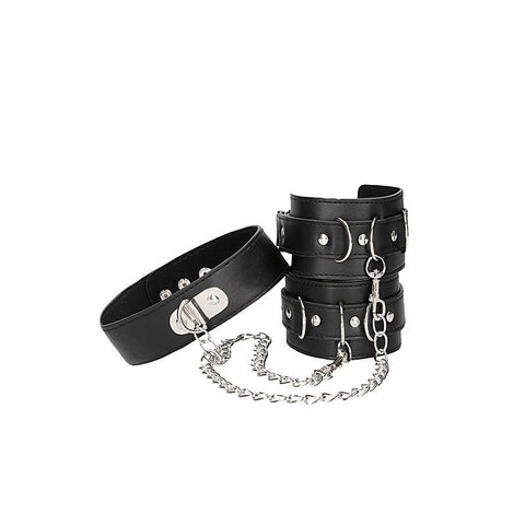 OUCH! BW Bonded Leather Collar With Hand Cuffs - Cuffs and Restraints