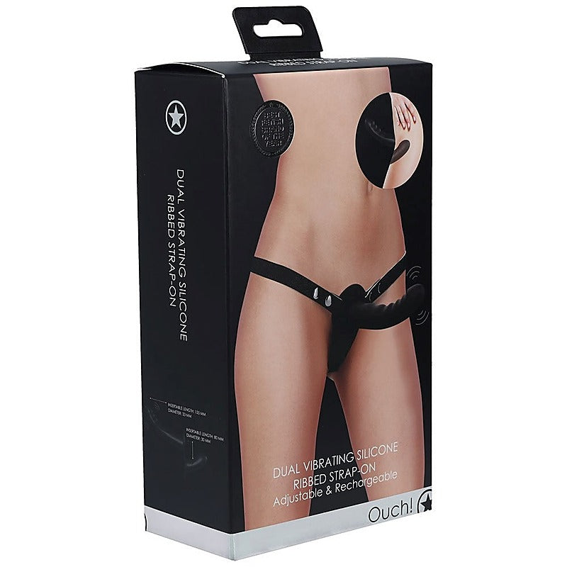 OUCH! Dual Silicone Ribbed Vibrating Strap-On - Strap On Sextoys
