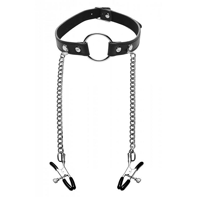 Seize O-Ring Gag With Nipple Clamps By Xr Brands - Bondage Gags and Bits