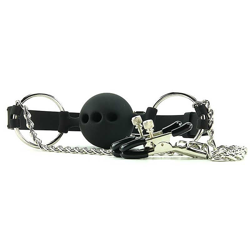 Hinder Breathable Silicone Ball Gag With Nipple Clamps - Bondage Gags and Bits