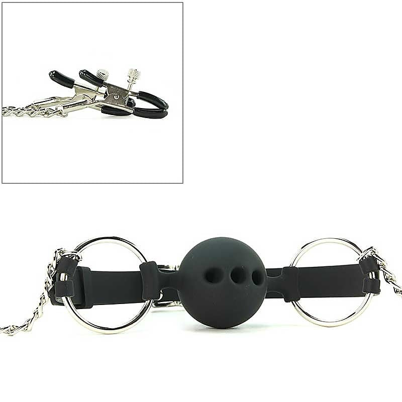 Hinder Breathable Silicone Ball Gag With Nipple Clamps - Bondage Gags and Bits