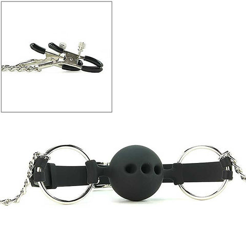 Hinder Breathable Silicone Ball Gag With Nipple Clamps - Bondage Gags and Bits