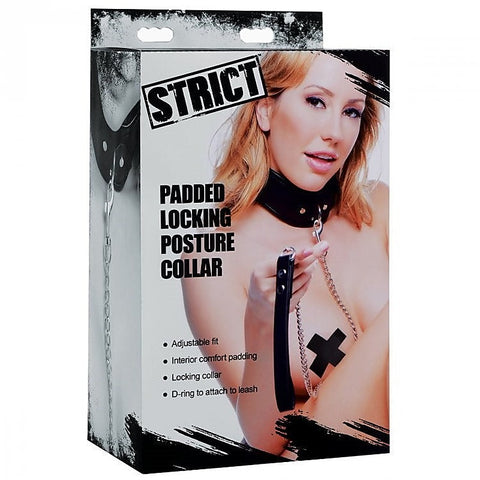 Strict Padded Locking Posture Bondage Collar Black - Collars and Leads