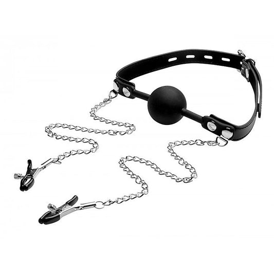 Strict Silicone Ball Gag With Nipple Clamps Black - Bondage Gags and Bits