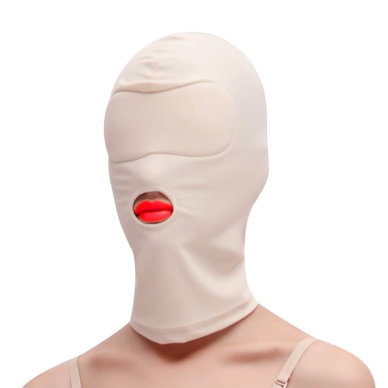 Spandex Open Mouth Hood With Padded Blindfold - Cream - Bondage Hoods