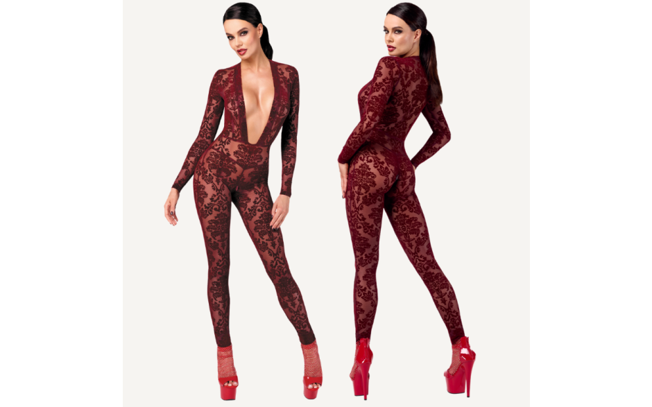 Noir Handmade Kink Royal V Neck Womens Catsuit Red - Teddies and Bodysuits