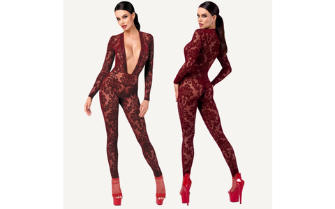 Noir Handmade Kink Royal V Neck Womens Catsuit Red - Teddies and Bodysuits