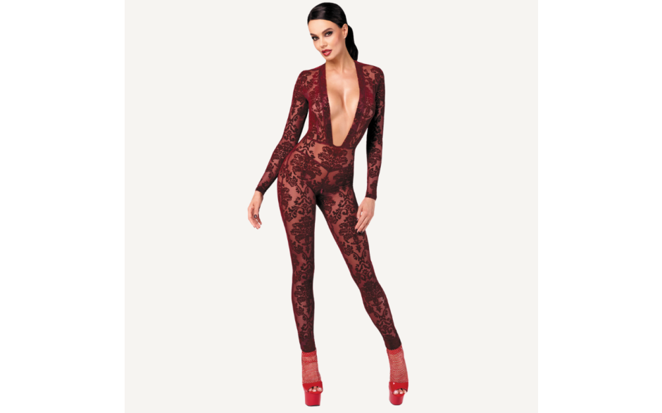 Noir Handmade Kink Royal V Neck Womens Catsuit Red - Teddies and Bodysuits