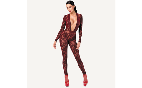 Noir Handmade Kink Royal V Neck Womens Catsuit Red - Teddies and Bodysuits