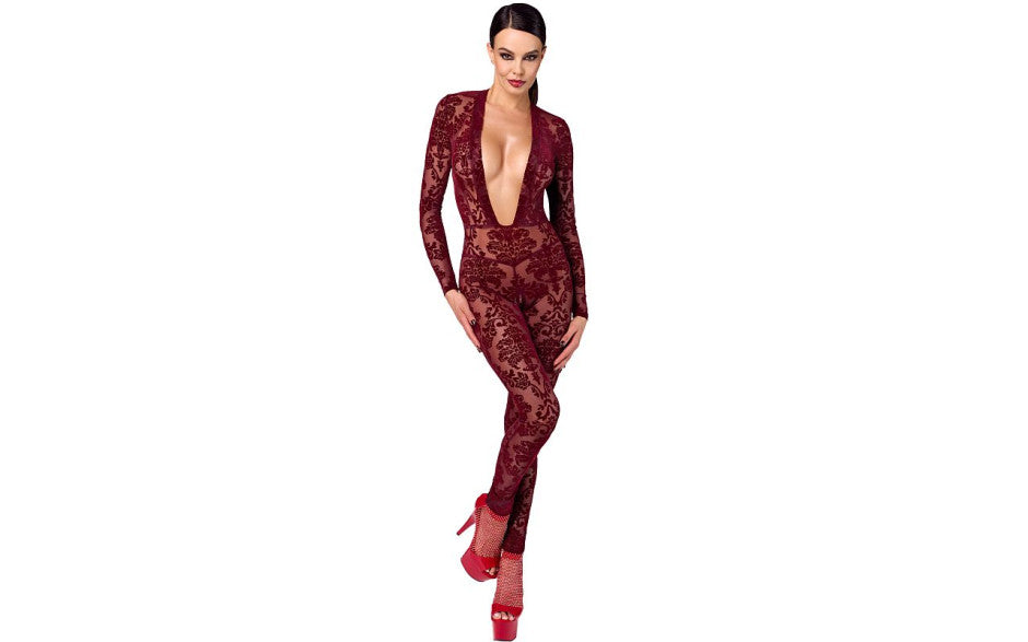 Noir Handmade Kink Royal V Neck Womens Catsuit Red - Teddies and Bodysuits