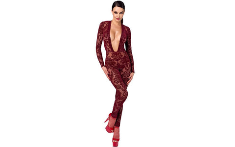 Noir Handmade Kink Royal V Neck Womens Catsuit Red - Teddies and Bodysuits