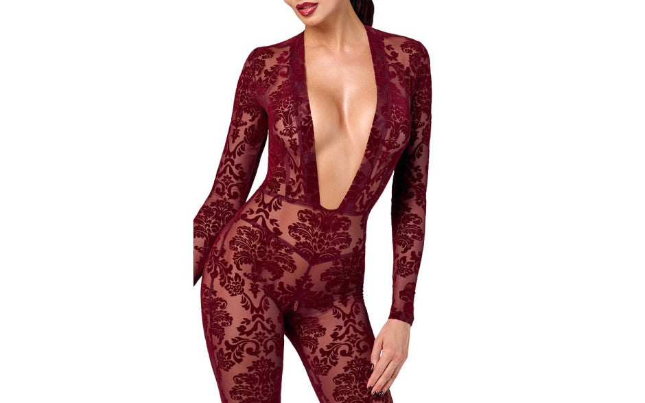 Noir Handmade Kink Royal V Neck Womens Catsuit Red - Teddies and Bodysuits