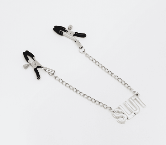 Love In Leather SLUT Written Womens Nipple Clamp - Nipple and Clit Clamps