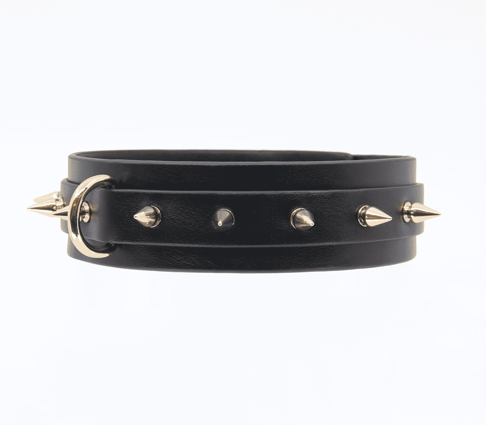 Love In Leather Spiked Faux Leather Bondage Collar - Gold - Collars and Leads