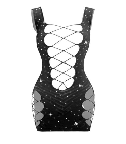 Love In Leather Sexy Womens Rhinestone Sleeveless Dress - BabyDolls And Chemises