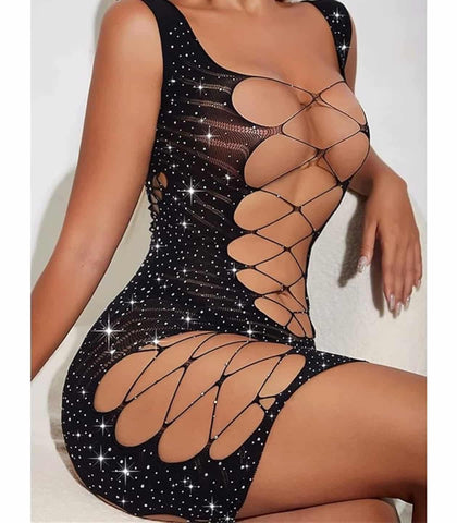 Love In Leather Sexy Womens Rhinestone Sleeveless Dress - BabyDolls And Chemises