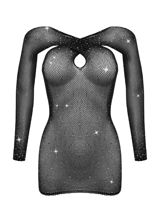 Love In Leather Long Sleeve Womens Rhinestone Dress - Body Stockings