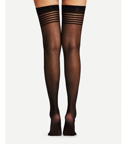 Love In Leather Sheer Thigh Highs With Band Top - Fishnet and Thigh Highs