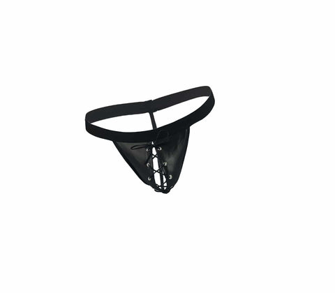 Love In Leather Mens Lace Up Wet Look G-String - His Fetish