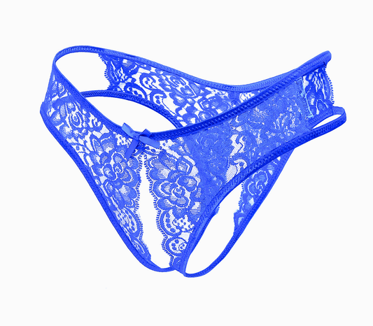 Love In Leather Full Lace Crotchless Lace Panties Blue - G-Strings, Panties and Shorts