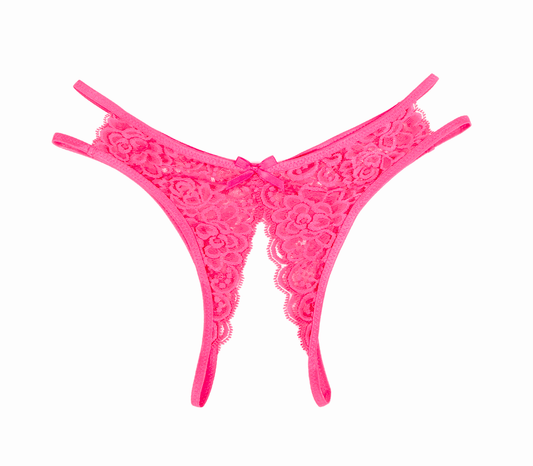 Love In Leather Full Lace Crotchless Lace Panties Hot Pink - G-Strings, Panties and Shorts