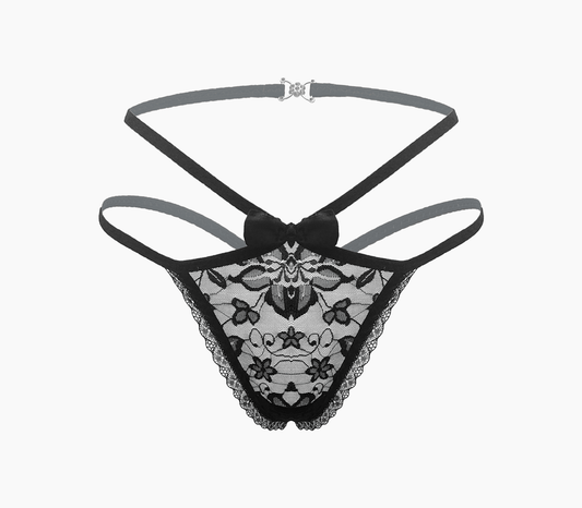 Love In Leather Full Lace G-String Crotchless Panties OS - G-Strings, Panties and Shorts